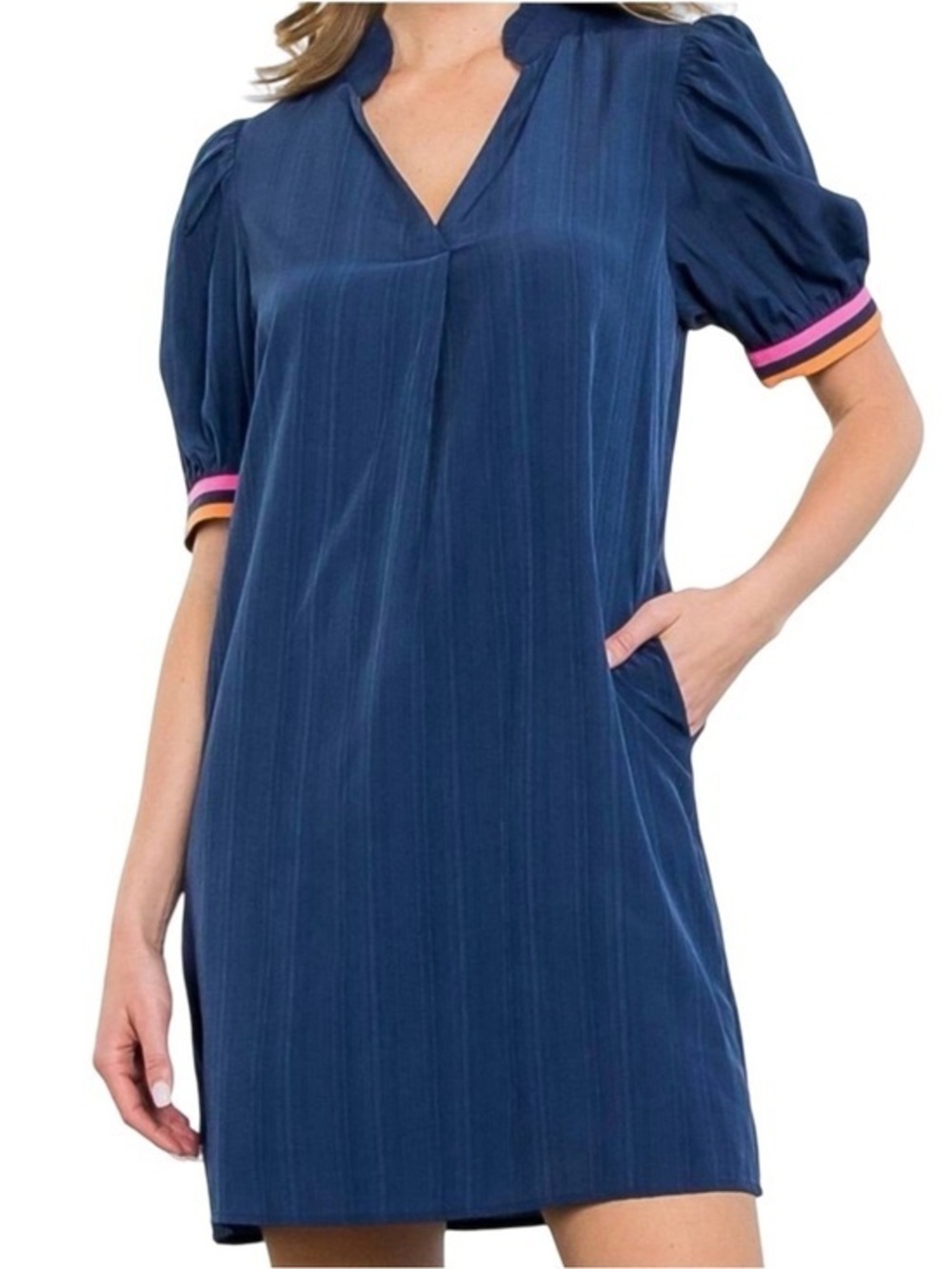 THML Sporty Puff Sleeve V-Neck Navy Mini Dress, Size Small.